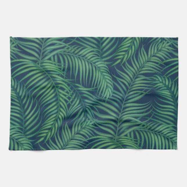 Night tropical palm leaves tea towel (Horizontal)