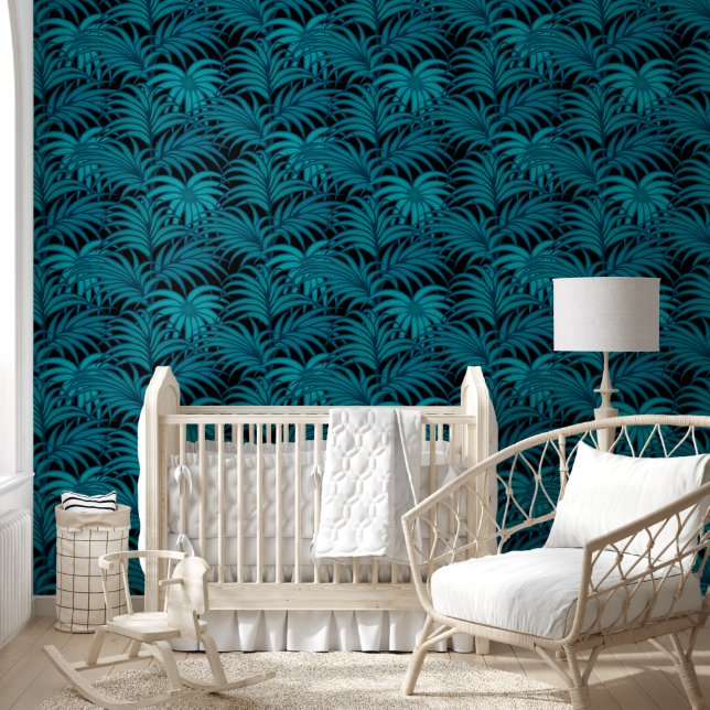 Night Tropical Teal Palm Leaves Wallpaper (Kids)