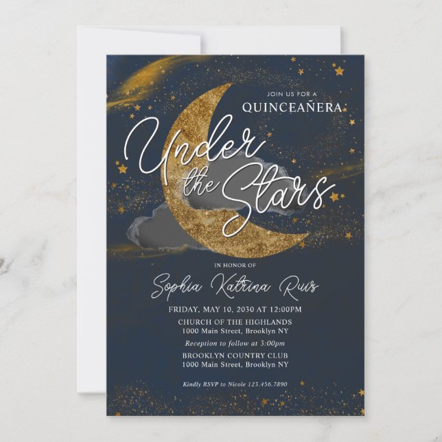 Night Under the Stars Blue Gold Moon Quinceanera Invitation (Front)