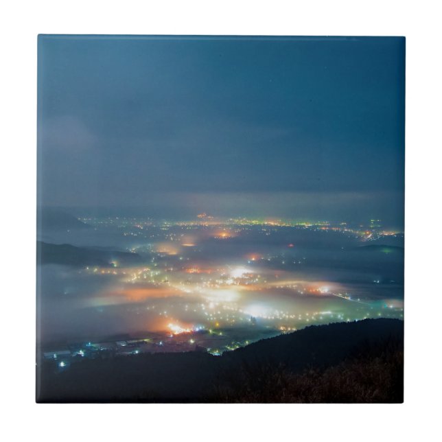 Night View Aso Night Sea Of Clouds Japan Kumamoto Tile (Front)