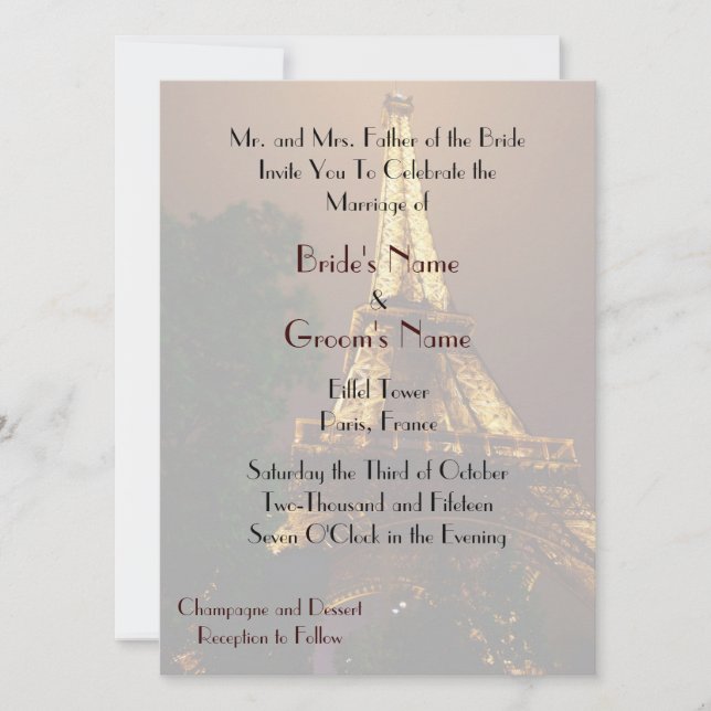Night View Eiffel Tower Wedding Invitation (Front)