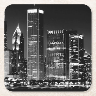 Night view of Chicago's famous cityscape Square Paper Coaster