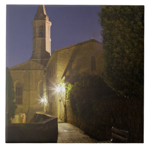 Night view of church at dusk, Pienza, Italy Tile
