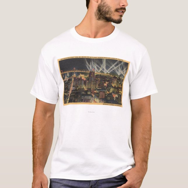 Night View of City, Bay Bridge, Searchlights T-Shirt (Front)