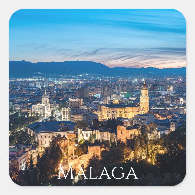 Night view of Malaga Cathedral in Malaga, Spain Square Sticker (Front)