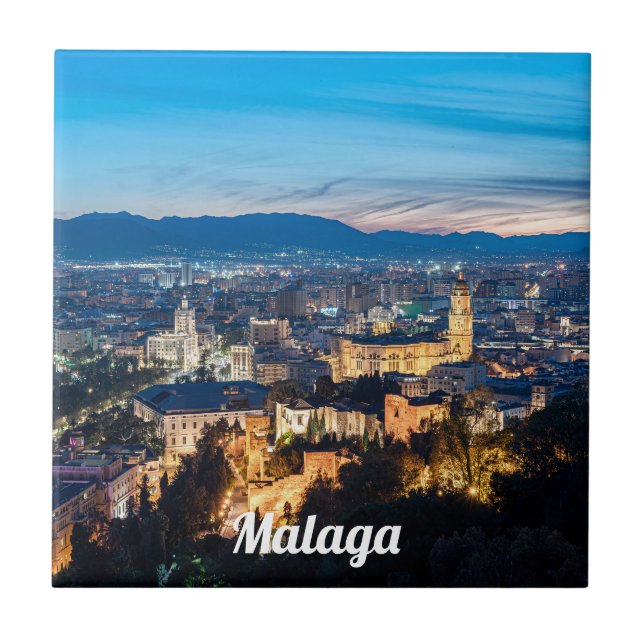Night view of Malaga Cathedral in Malaga, Spain Tile (Front)