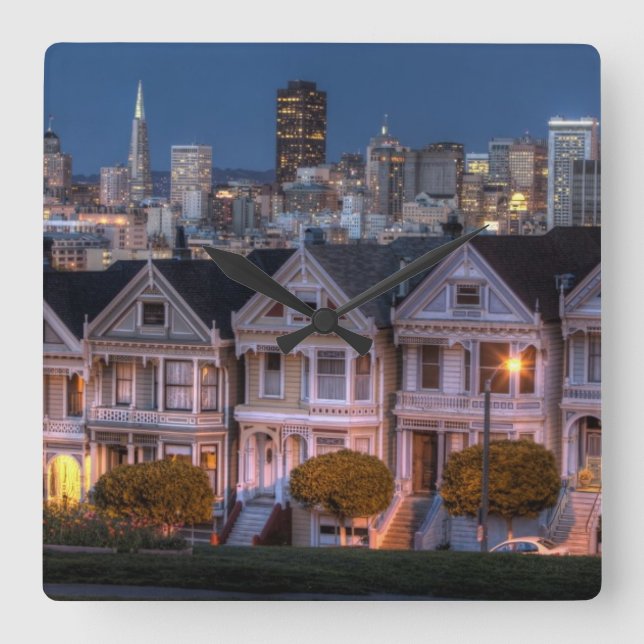 Night view of 'painted ladies'  houses square wall clock (Front)