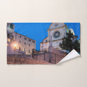 Night view of stairs and church in Split, Croatia Bath Towel Set
