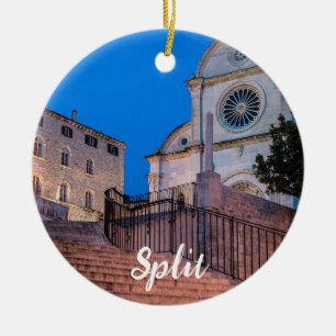 Night view of stairs and church in Split, Croatia Ceramic Tree Decoration
