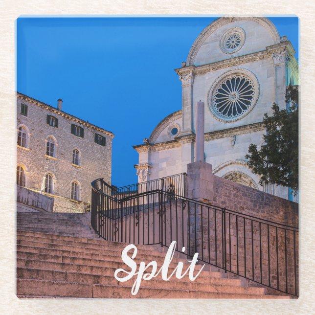 Night view of stairs and church in Split, Croatia Glass Coaster (Front)