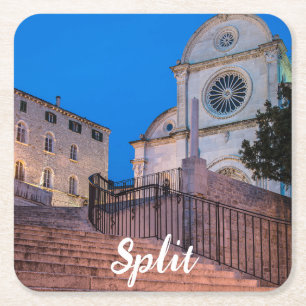 Night view of stairs and church in Split, Croatia Square Paper Coaster