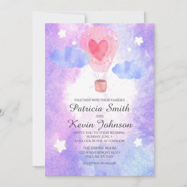 Night Watercolor Hot Air Balloon Wedding Invitation (Front)