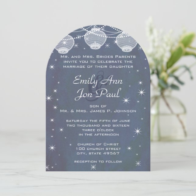 Night Wedding Navy & Silver Lanterns Stars Garland Invitation (Standing Front)