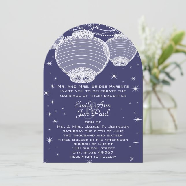 Night Wedding Navy & Silver Lanterns Stars Garland Invitation (Standing Front)