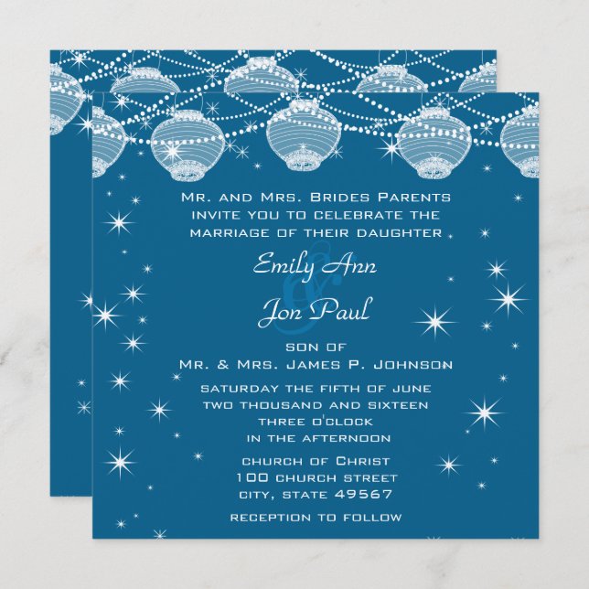 Night Wedding Teal & Silver Lanterns Stars Garland Invitation (Front/Back)