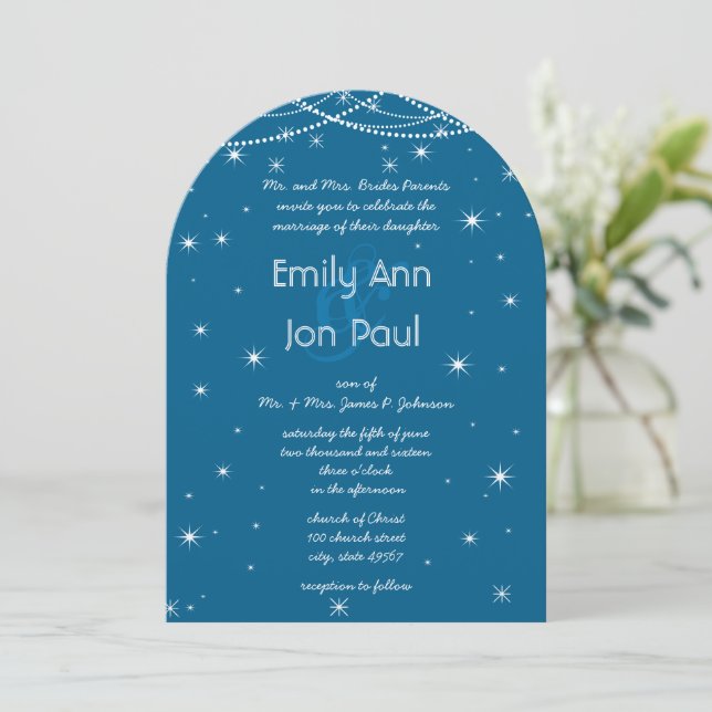 Night Wedding Teal & Silver Metallic Stars Garland Invitation (Standing Front)