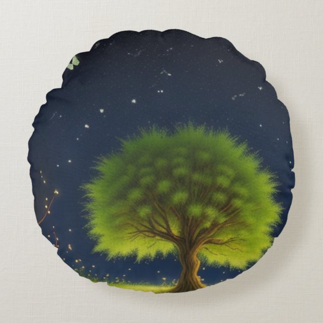 Night Willow Tree w/butterflies and fireflies Round Cushion (Front)