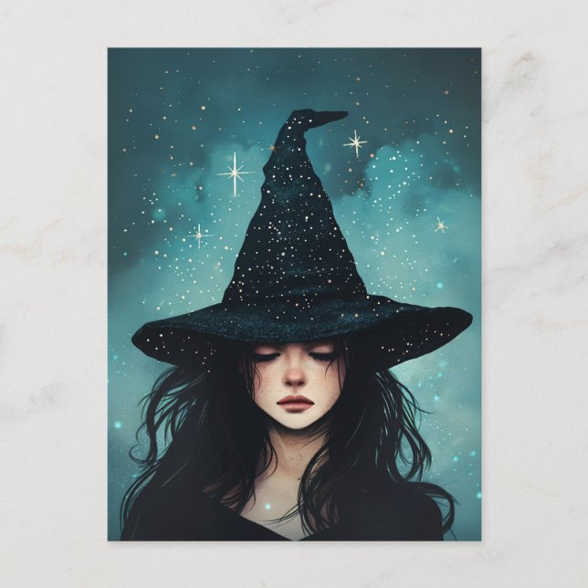 Night Witch Starry Night Illustration Postcard (Front)