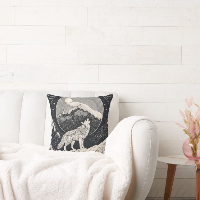 Night Wolf Howl – Moonlight & Forest Esthetic Cushion (Couch)