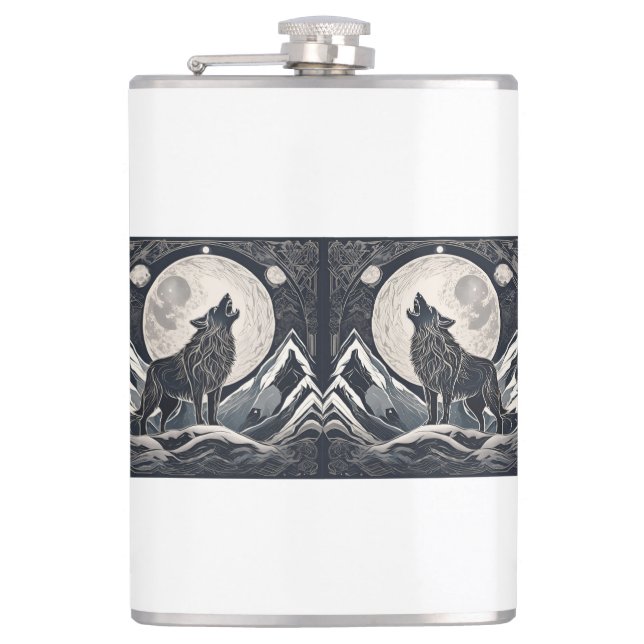 Night Wolf Howl – Moonlight & Forest Esthetic Hip Flask (Front)