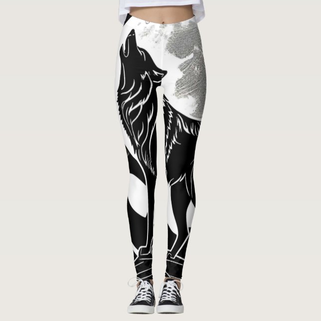 Night Wolf Silhouette Design Leggings (Front)