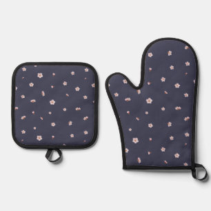 Nightfall Navy Japanese Cherry Blossom Floral Patt Oven Mitt & Pot Holder Set