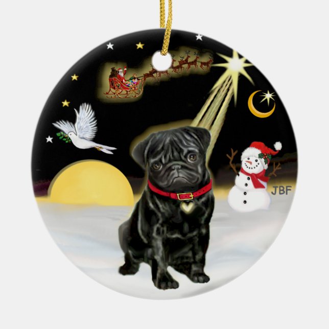 NightFlight-  Black Pug (#13) Ceramic Tree Decoration (Front)