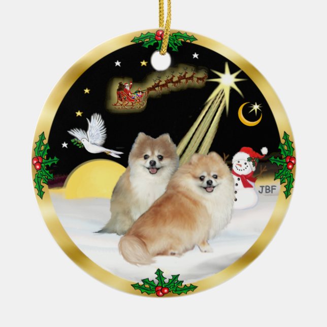 NightFlight-  Two Pomeranians Ceramic Tree Decoration (Front)