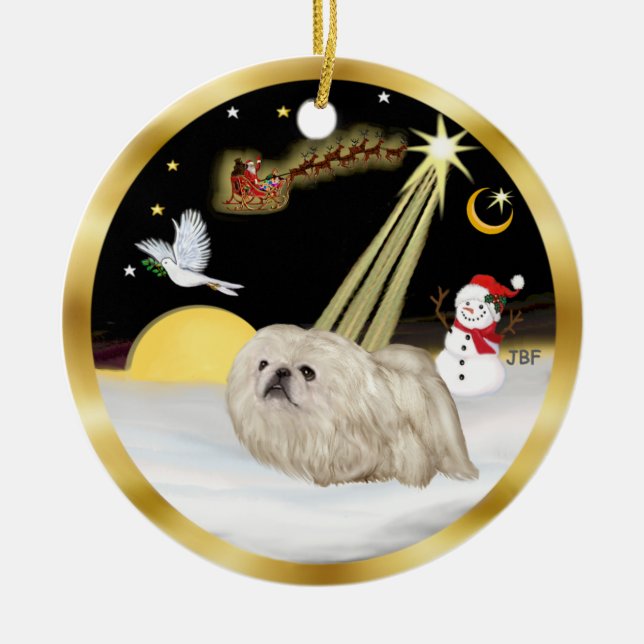 NightFlight-  White Pekingese Ceramic Tree Decoration (Front)