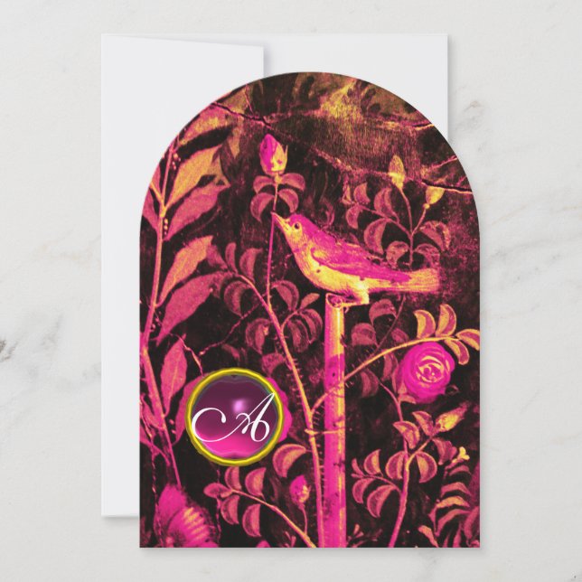 NIGHTINGALE WITH ROSES MONOGRAM, Pink Black Yellow Invitation (Front)