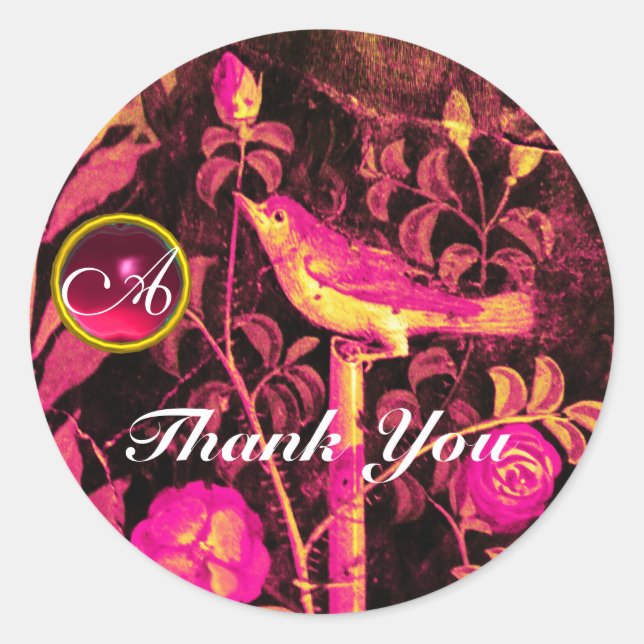 NIGHTINGALE WITH ROSES MONOGRAM Pink Yellow Black Classic Round Sticker (Front)
