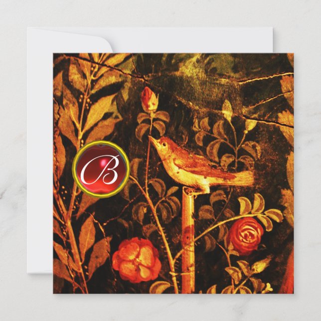 NIGHTINGALE WITH ROSES MONOGRAM, Red Black Gold Invitation (Front)
