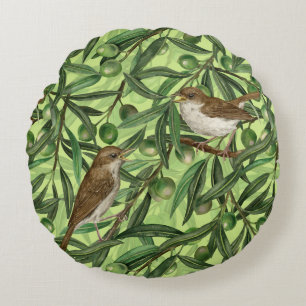 Nightingales in the olive tree 2 round cushion