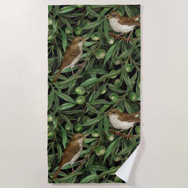 Nightingales in the olive tree 3 beach towel (Front)