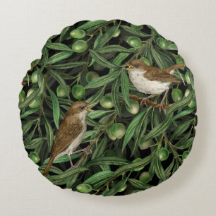 Nightingales in the olive tree 3 round cushion