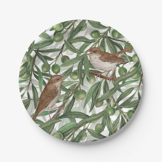 Nightingales in the olive tree paper plate (Front)