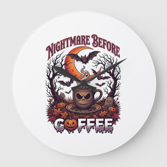 Nightmare Before Coffee Halloween Skull Mug Ghost  Large Clock (Front)