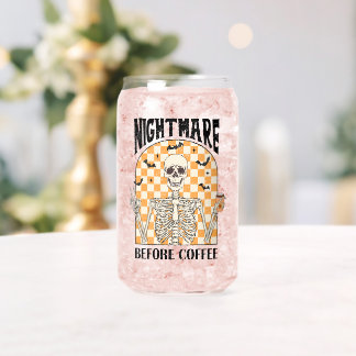 "Nightmare Before Coffee" Retro Skeleton Drinking Can Glass