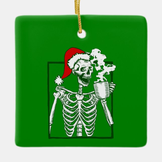 nightmare christmas skeleton drinking coffee skull ceramic ornament (Front)