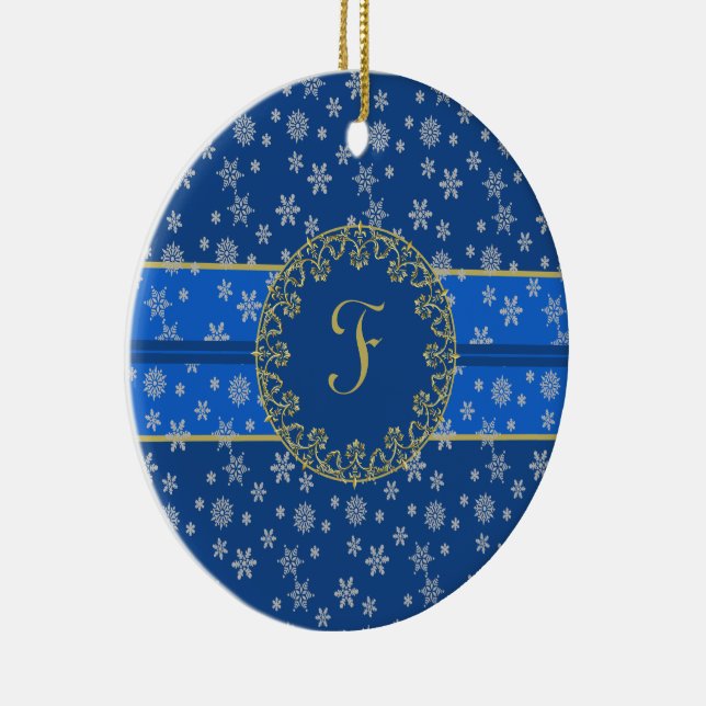 Nighttime and Snowflakes Monogrammed Ceramic Tree Decoration (Right)