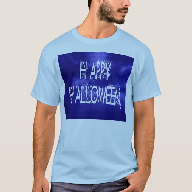 Nighttime Blue Happy Halloween Text Mens T-Shirt (Front)