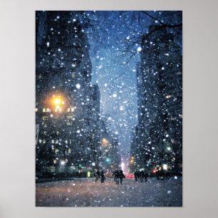 Nighttime City Snowfall Poster