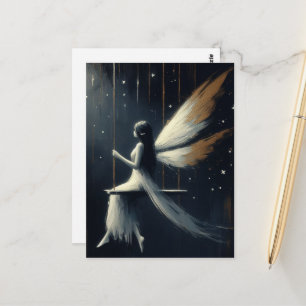 Nighttime Fairy on a Swing in White Dress Postcard
