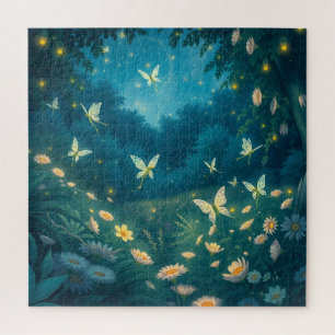 Nighttime garden with flowers and fireflies jigsaw puzzle