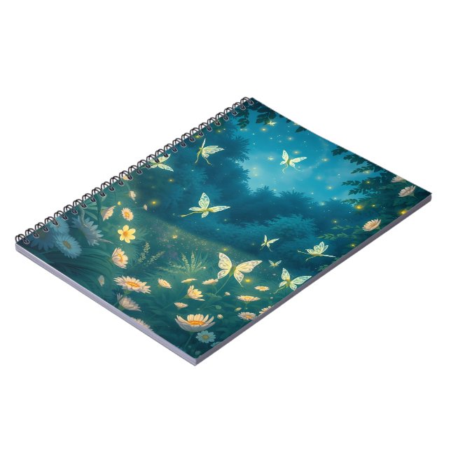 Nighttime garden with flowers and fireflies notebook (Left Side)