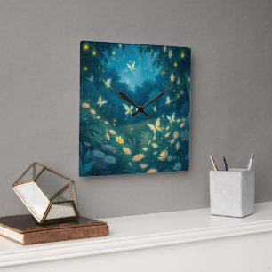 Nighttime garden with flowers and fireflies square wall clock