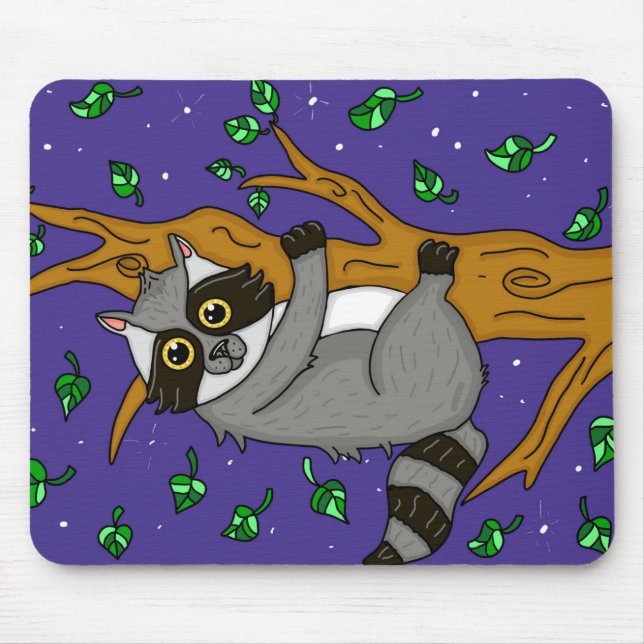 Nighttime Racoon Hanging from Tree Branch Mouse Pad (Front)
