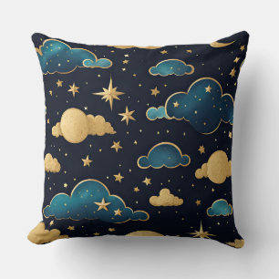 NIGHTTIME SKY WITH BLUE & GOLD CLOUDS AND STARS CUSHION