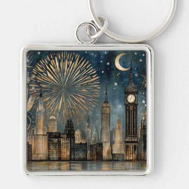 Nighttime Skyline Fireworks Celebration Key Ring (Front)