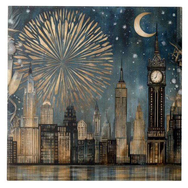 Nighttime Skyline Fireworks Celebration Tile (Front)